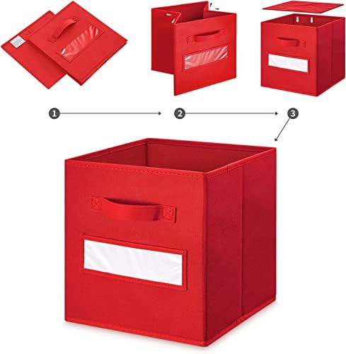 13x13x13 storage cube bins(Set of 8) Fabric storage cubes with 8 Labels Window Cards & a Pen, storage cubes 13x13, Collapsible 13 inch cube storage bins, Cubby Organizer Boxes, Red - Image 4