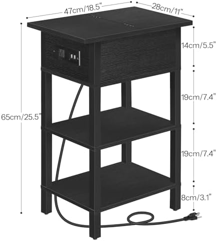 HOOBRO End Table with Charging Station, Flip Top Side Table with USB Ports, Narrow Nightstand Bedside Tables with Storage Shelves, for Small Space, Living Room, Black BK141UBZ01 - Image 3