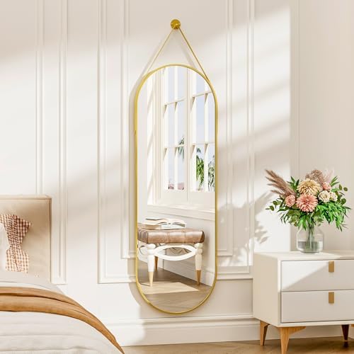 48"x16" Hanging Mirror with Leather Strap,Oval Full Length Mirror with Aluminum Frame Wall-Mounted Hanging Mirrors for Bathroom Vanity Living Room Bedroom Entryway Decor, Gold - Image 2