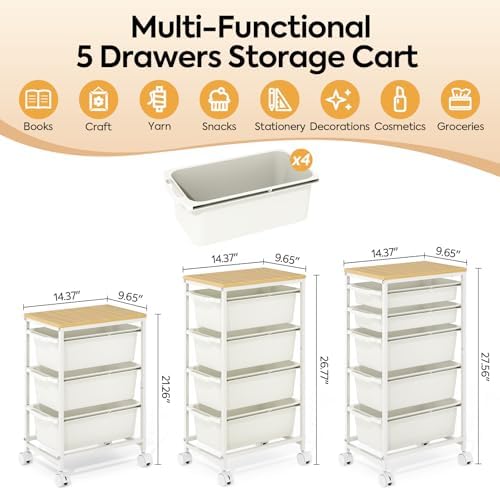 KINGBOARD Slim Rolling Cart with 4 Drawers, Metal Utility Storage Cart | Wooden Tabletop, Lockable Wheels, Table Side Trolley for Bedroom, Children's Room and Office Organization, White - Image 2