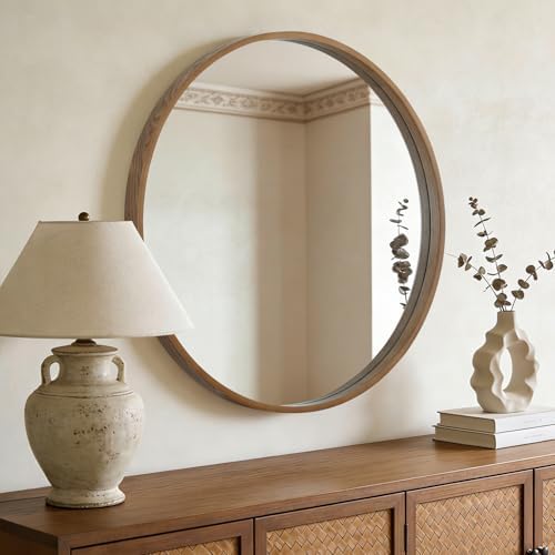 WallBeyond Round Wood Mirror, 32" Round Modern Decoration Large Circle Wall Mirror for Bathroom Living Room Bedroom Entryway, Walnut - Image 3