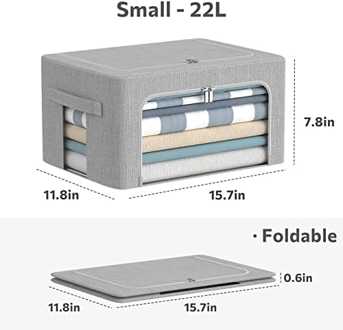 CYhom 3Pack Foldable Storage Bins - Frame Storage Box Linen Fabric Stackable Clothes Container Organizer with Clear Window & Carry Handles Large Capacity (Small-22L, Light Grey) - Image 5