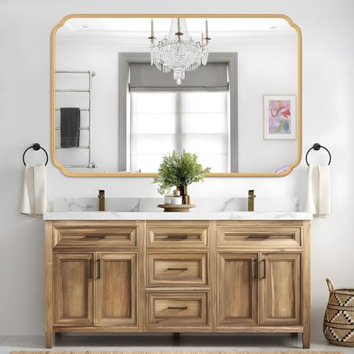 Ferytange 55X36 Inch Gold Metal Framed Bathroom Mirror for Wall, Large Rounded Rectangle Bathroom Vanity Mirror Farmhouse, Anti-Rust, Tempered Glass, Hangs Horizontally or Vertically - Image 2