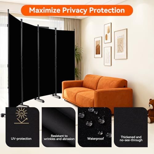 88" W 4 Panel Room Divider, Portable Privacy Screen W/Wheels Freestanding - Image 3