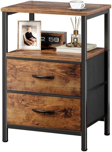 Huuger Night Stand with 2 Drawers, Bed Side Table with Open Shelf, Wooden Top, Nightstand for Bedroom, End Table for Small Space, Fabric Drawer, Rustic Brown by Huuger