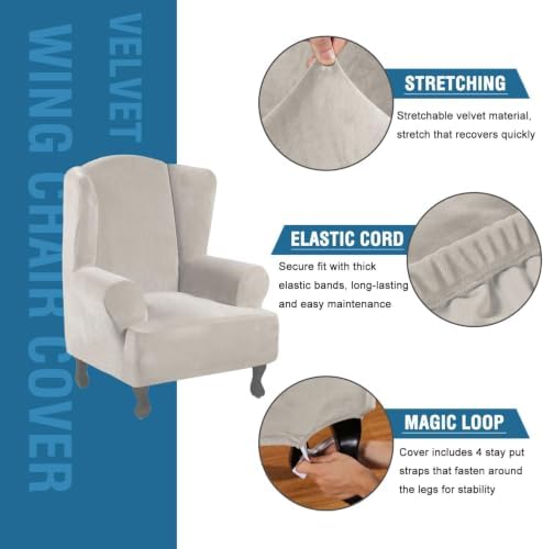 H.VERSAILTEX Wingback Chair Covers Velvet Plush Wing Chair Slipcover 1 Piece High Stretch Wing Back Chair Slipcovers Sofa Cover Furniture Cover with Elastic Bottom, Oatmeal - Image 2