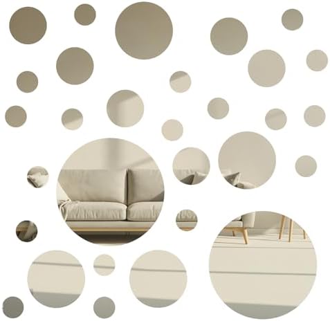 30Pcs Round Mirror Tiles Self Adhesive, 4 Sizes Acrylic Mirror Wall Decals Mirrors Tile Decorative Mosaic Mirrors Sheets for Bathroom, Bedroom, Wall Decor, DIY Projects by Unknown