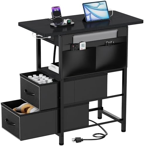 Yenlure Small Side Table with Charging Station, Narrow Nightstand Bedside Tables with Storage Pocket for Living Room Bedroom, Sofa End Table with USB Ports and Power Outlets for Small Spaces by CREATEDFORSMARTHOMES