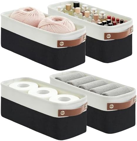 Bagnizer Small Fabric Storage Baskets, 15x6x5 inch Narrow Storage Bins 4-Pack Long Storage Basket for Organizing with Handles, Decorative Basket for Closets, Shelves, Toilet Paper, Black by Bagnizer