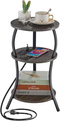 YEAKOO Small Side Table with Charging Station,3-Tier Round end Table by YEAKOO
