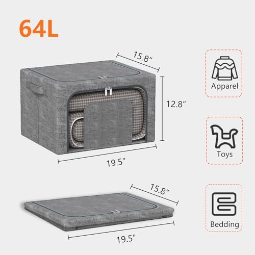 64L Large Stackable Storage Bins with Metal Frame (4 Pack), Foldable Fabric Clothes Organizer with 2 Clear Windows & Reinforced Handles, Dual-Opening Storage Containers for Closet, Underbed, Grey - Image 3