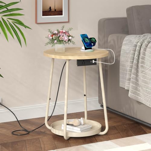 sthmec Small Round Side End Table with Storage and Charging Station, 2 Tier Round Bedside Sofa Couch Coffee Tables with Tray, Metal Nightstand for Small Spaces, Living Room Bedroom, Natural - Image 7