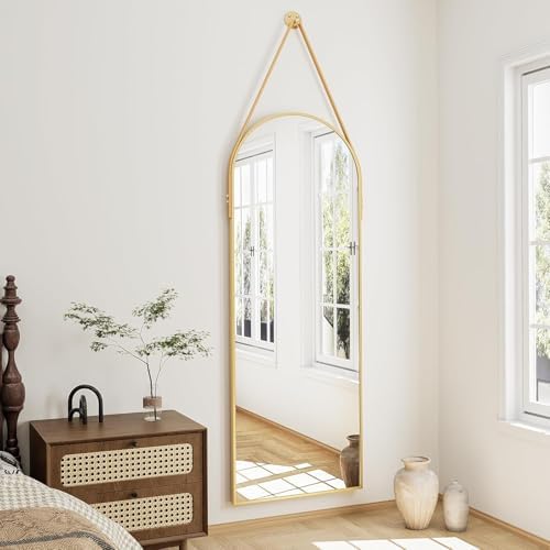 16"x48" Hanging Mirror with Leather Strap,Arched Full Length Mirror with Aluminum Frame Wall-Mounted Hanging Mirrors for Bathroom Vanity Living Room Bedroom Entryway Décor, Gold by TinyTimes