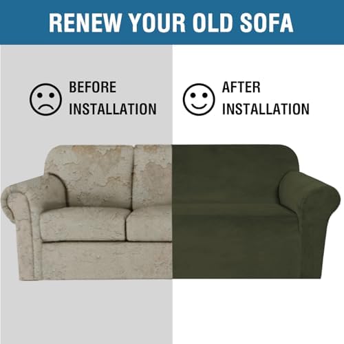 H.VERSAILTEX Stretch Velvet Sofa Covers for 3 Cushion Couch Covers Furniture Protector Soft with Non Slip Elastic Bottom, Crafted from Thick Comfy Rich Velour (Sofa 72"-90", Olive) - Image 5
