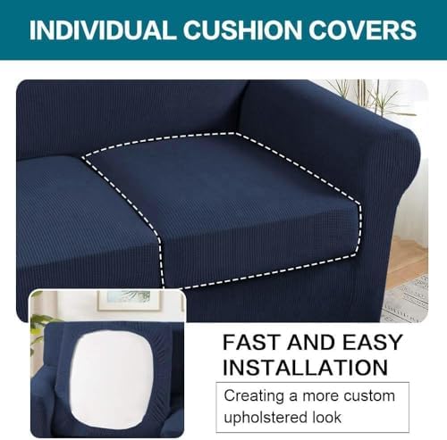 Turquoize 4 Piece Sofa Covers for 3 Cushion Couch Sofa Slipcover Soft Couch Cover for Dogs Washable Furniture Cover with 3 Individual Large Cushion Covers Feature Fabric (Large Sofa, Navy) - Image 5