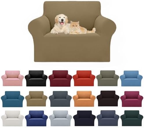 Cupuamon 2026 New Stretch Chair Sofa Slipcovers Couch Cover for 1 Seater Furniture Protector Sofa Covers with Elastic Bottom Jacquard Fabric Small Checks for Pets, Kids - Tan by Cupuamon