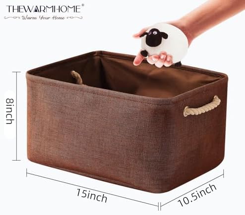TheWarmHome Decorative Basket Rectangular Fabric Storage Bin Organizer Basket with Handles for Clothes Storage (Brown, Large-1Pack,15L*10.5W*8H) - Image 2