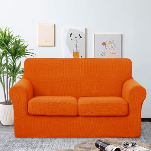 U-NICE HOME 3 Pieces Stretch Loveseat Couch Cover, Orange - Image 2