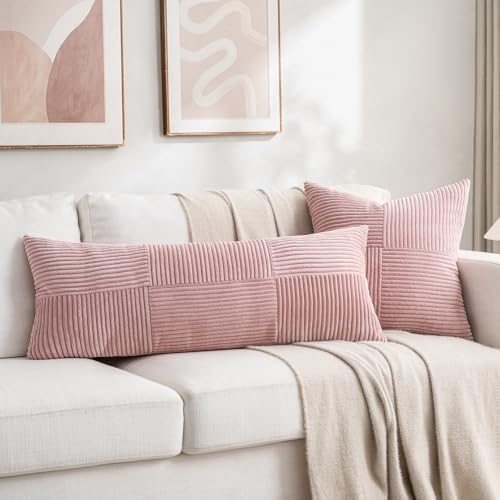 Fancy Homi 2 Packs Blush Pink Decorative Throw Pillow Covers 22x22 Inch for Living Room Couch Bed Sofa, Rustic Farmhouse Boho Home Decor, Soft Corss Corduroy Patchwork Accent Cushion Case 55x55 cm - Image 6
