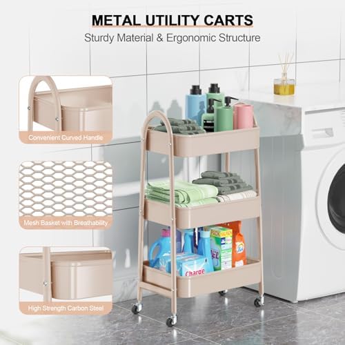 EAGMAK 3 Tier Utility Rolling Cart, Metal Storage Cart with Handle and Lockable Wheels, Multifunctional Storage Organizer Trolley with Mesh Baskets for Kitchen, Living Room, Office, Garage (Beige) - Image 2