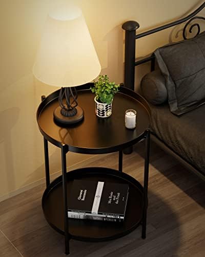 EKNITEY 2 Tier End Table - Metal Side Table with Removable Tray (Black) - Image 2