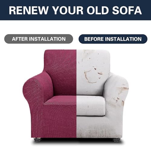 Cupuamon 2026 New Stretch Chair Sofa Slipcovers Couch Cover for 1 Seater Furniture Protector Sofa Covers with Elastic Bottom Jacquard Fabric Small Checks for Pets, Kids - Wine - Image 5