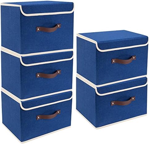 TYEERS Foldable Storage Boxes with Lids 5 Pack Fabric Storage Bins with Lids, Closet Organizers for Clothes Storage, Room Organization, Office Storage, Toys - Classic Blue by StorageOrganization