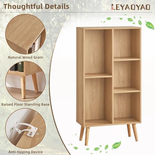 LEYAOYAO 5 Cube Bookshelf,Mid-Century Modern Bookcase with Legs,Light Wood - Image 4