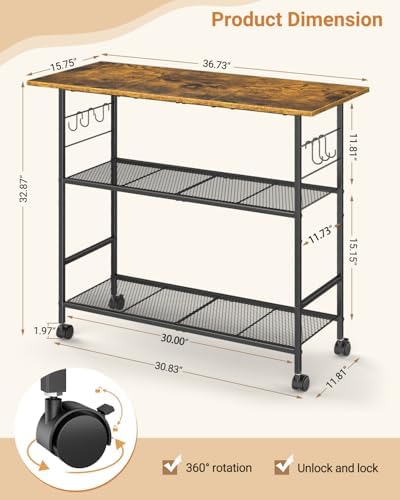 Kitchen Island with 3 Shelves, Rolling Kitchen Cart with 6 Hooks and Protective Shelf, Microwave Stand on Lockable Wheels, Bakers Rack Coffee Bar for Dining, Living Room, Outdoor, Metal Frame - Image 2