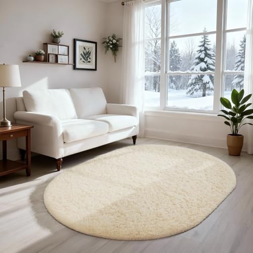 Ophanie 3x5 Oval Ivory Rugs for Bedroom Living Room,Fluffy Fuzzy Furry Carpet,Plush Soft Shaggy Indoor Floor Area Rug for Kids Girls Boys Baby Teen Dorm Decor with Over 99 pcs Pile fibers by Ophanie