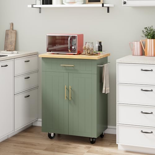 Shintenchi Kitchen Island cart with Storage, Portable Bar Cabinet on Wheels, Rolling Microwave Cart Side Table with Workstation for Kitchen, Dinning Room, Green - Image 2