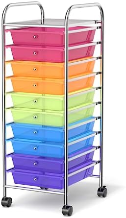 MEDIMALL 10 Drawers Rolling Storage Cart, Multipurpose Craft Storage Cart with Wheels, Mobile Tools Scrapbook Paper Organizer Cart for Office School Home Use (Rainbow) by MEDIMALL