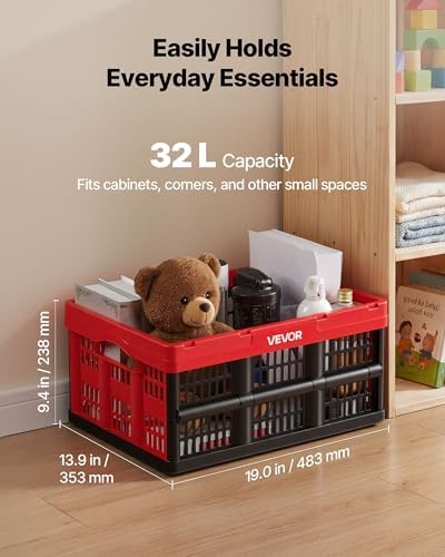 VEVOR Plastic Collapsible Storage Bins, 32L 3 Packs, Stackable Folding Storage Crates with Handles, Holds 26 lbs Per Bin, Foldable Heavy Duty Containers, Space-Saving Baskets, for Home Organizing - Image 3