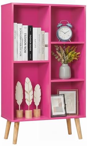 YAHARBO Small Pink Bookshelf,3 Tier Modern Kids Bookcase with Legs,5 Cube Wooden Bookshelves Storage Shelf,Book Shelves Organizer,Display Bookcases Cabinet for Room Nursery Study by YAHARBO