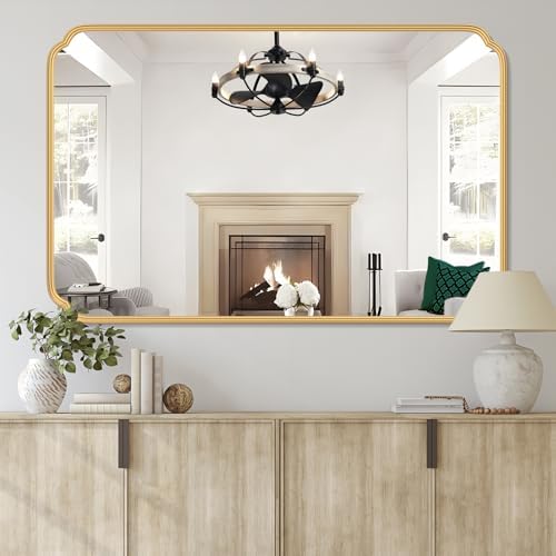 Ferytange 55X36 Inch Gold Metal Framed Bathroom Mirror for Wall, Large Rounded Rectangle Bathroom Vanity Mirror Farmhouse, Anti-Rust, Tempered Glass, Hangs Horizontally or Vertically - Image 3