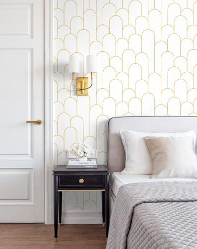 Yasinet Peel and Stick Wallpaper White and Gold Wallpaper Geometric Contact Paper Modern Stripe White Gold Removable Self Adhesive Wall Paper Decorative Wall Bedroom Vinyl Film 17.3''x118'' - Image 2