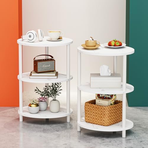 Small Round Side Table - 3-Tier Oval Accent Table for Small Spaces, Rustic Wood and Metal Couch End Table, Nightstand for Bedroom or End Table Living Room, Set of 2, Marble White by RISWER