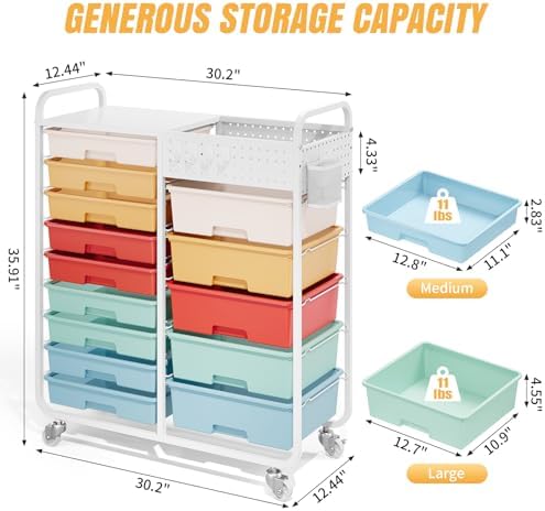 14 Drawer Rolling Storage Cart with Tabletop and Pegboard for Craft Color - Image 3