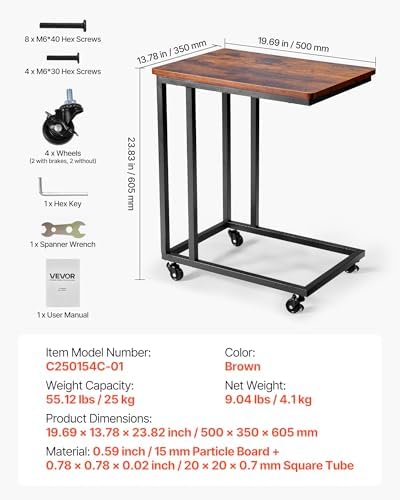 VEVOR C Table, C Shaped Sofa Side Table with Metal Frame Rolling Casters, Portable C Shaped End Stand for Living Room Bedroom Office, 19.69 x 13.78 x 23.82 inches Laptop Side Tables, Brown and Black - Image 3