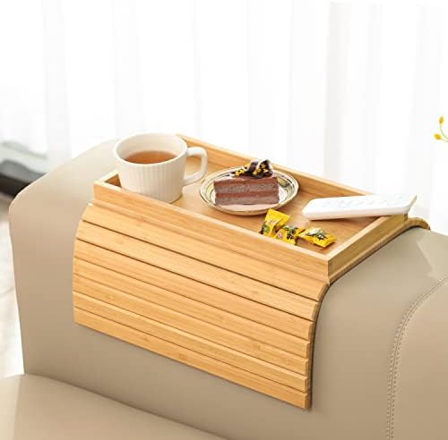 GEHE Bamboo Sofa Arm Tray, Foldable Couch Arm Tray Side Table, Anti-Falling Armrest Tables Cup Holder for Snacks, Drinks, Beers, Phone, Control, Flexible and Portable, Anti-Slip by GEHE