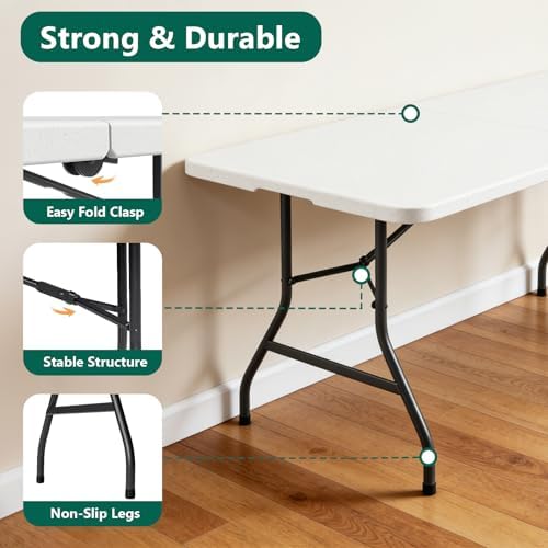 6FT Folding Table, Heavy Duty Plastic Fold-in-Half Utility Table with Handle, Portable Camping Picnic Table with Steel Legs for Indoor Outdoor Party, Dining, White,2 Pack - Image 5