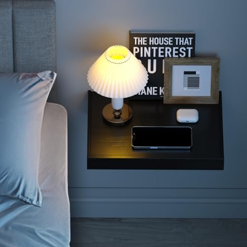 TEAMIX Wall Mounted Folding Bedside Shelf, Black Wood Floating Nightstand Table with Heavy-Duty Brackets, 16.5''x12'' Space Saving Bed Side Tray Storage for Bedroom, Living Room, Dorm (Black, Basic) - Image 2