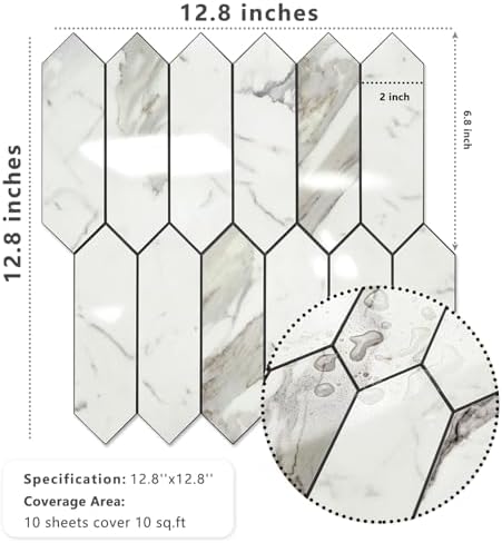 Vamos Tile Glossy Carrara White Backsplash Tile Peel and Stick, 12.8 x 12.8 Inch 10 Sheets Long Hexagon PVC Self Adhesive Mosaic Wall Tiles Stick on Backsplash for Kitchen and Bathroom - Image 5