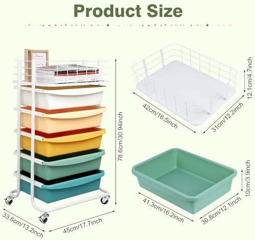 Rolling Storage Utility Cart Organizers with 5 Drawers and Metal Tabletop - Image 2