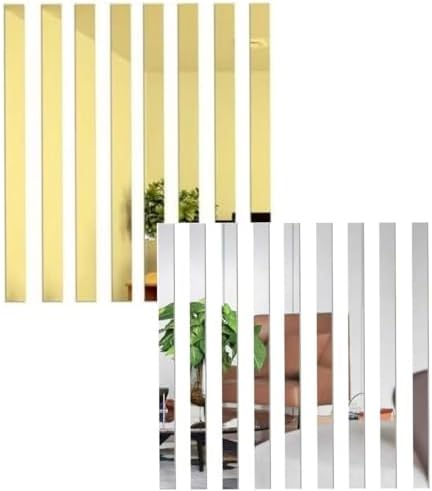 20 Pcs Mirror Wall Stickers Striped Design Mirror Art Tile Decal DIY Self Adhesive Wall Line Border Decals Removable Acrylic Mirror Wall Stickers and Murals for Home Decor 5 * 20cm (Sliver&Gold by YSSZAM