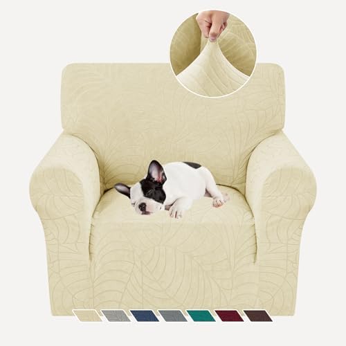 YEMYHOM Couch Cover Latest Jacquard Design High Stretch Sofa Chair Covers for Living Room, Pet Dog Cat Proof Armchair Slipcover Non Slip Magic Elastic Furniture Protector (Small, Begonia Leaf Beige) by YEMYHOM