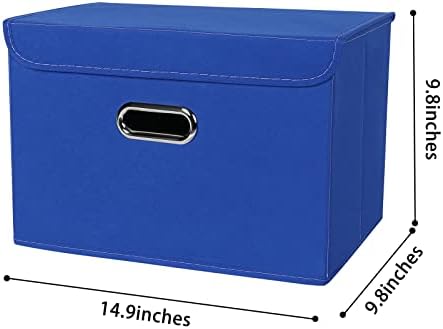 Linen Fabric Foldable Collapsible Storage Cube Bin Organizer Basket Fabric Storage Bins with Lid, Leather Handles, Removable Divider for Home, Closet, Dark Blue 3Pcs - Image 2
