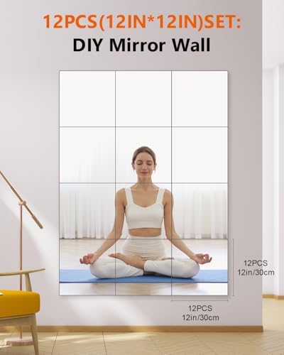 12Pack Acrylic Flexible Mirror Sheets,12x12 Inch Self-Adhesive Mirror Tiles,Square Cuttable Wall Stickers Non Glass Safety Reflective for Home Wall DIY Decor - Image 2