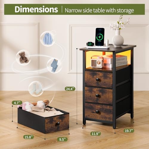 Yoobure End Table with Charging Station, LED Narrow Side Table Bedside Table, Small Night Stand End Tables Living Room, Skinny Nightstand with 3 Fabric Drawers, Side Tables Bedroom for Small Spaces - Image 2
