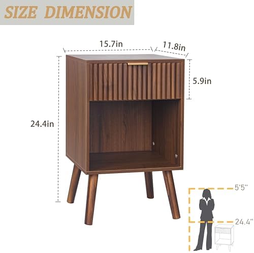 Fultyle Walnut Nightstand, Fluted Bedside Table with Drawer and Open Shelf - Image 3